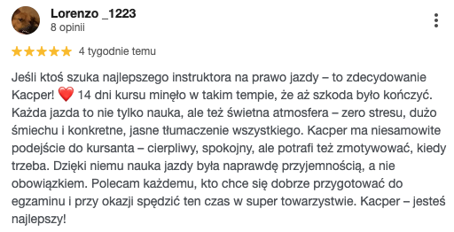 Wczasy z prawem jazdy Łomża – opinie Google o OSK Filipkowski